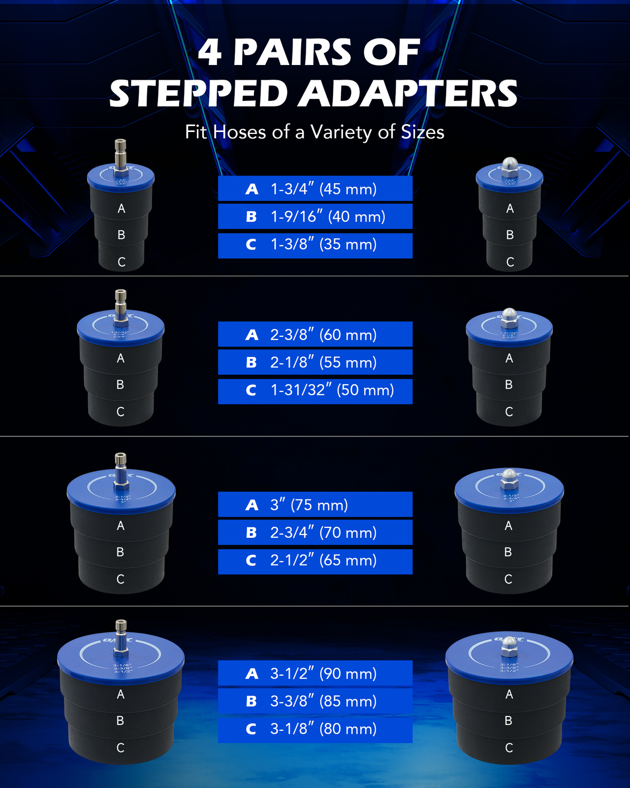 OMT Turbo Boost System Leakage Tester with 4 Pairs of Adapters 1-3/8 to 3-1/2