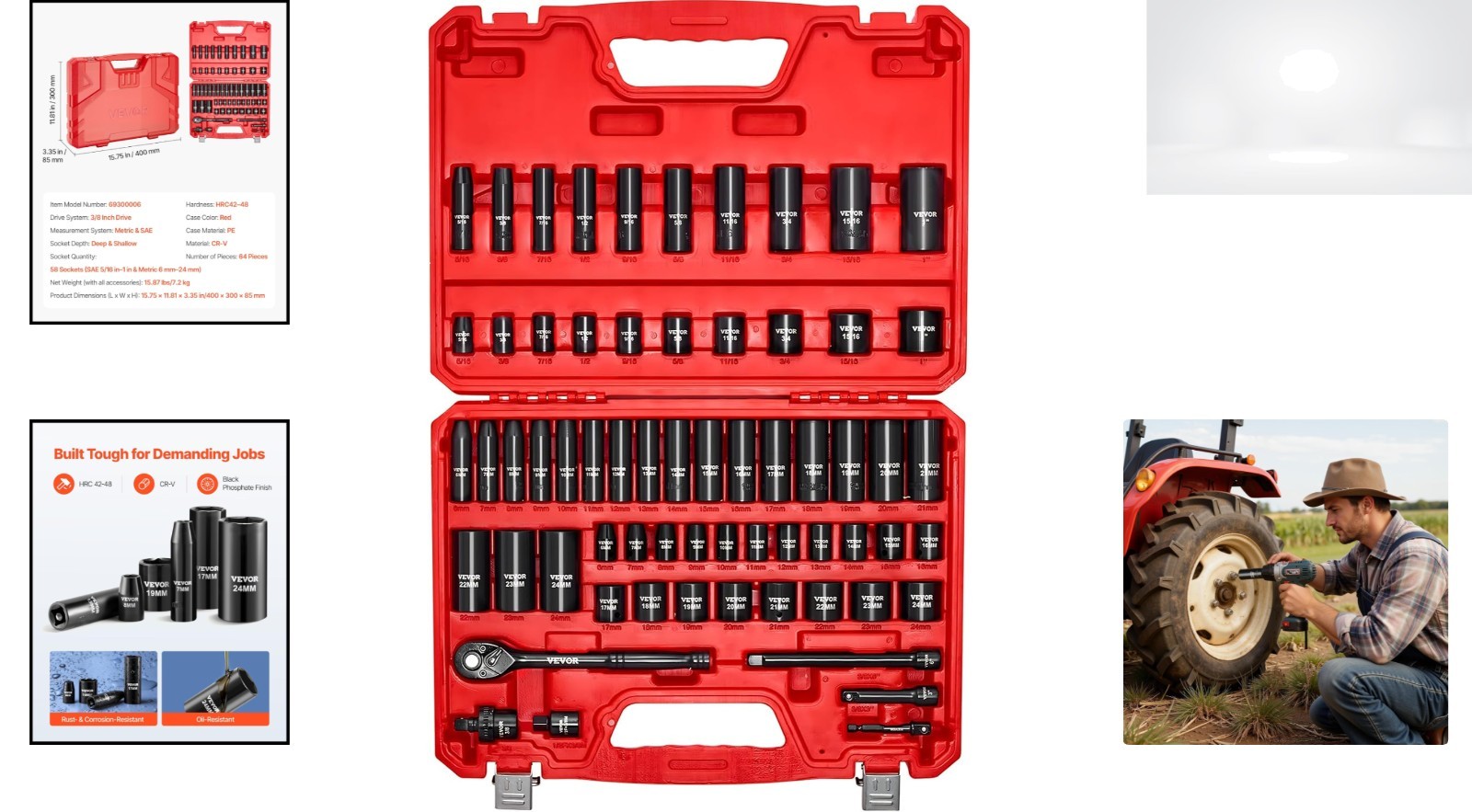Impact Socket Set 3/8 Drive 64pc SAE Metric 6pt Deep Shallow Ratchet Extensions