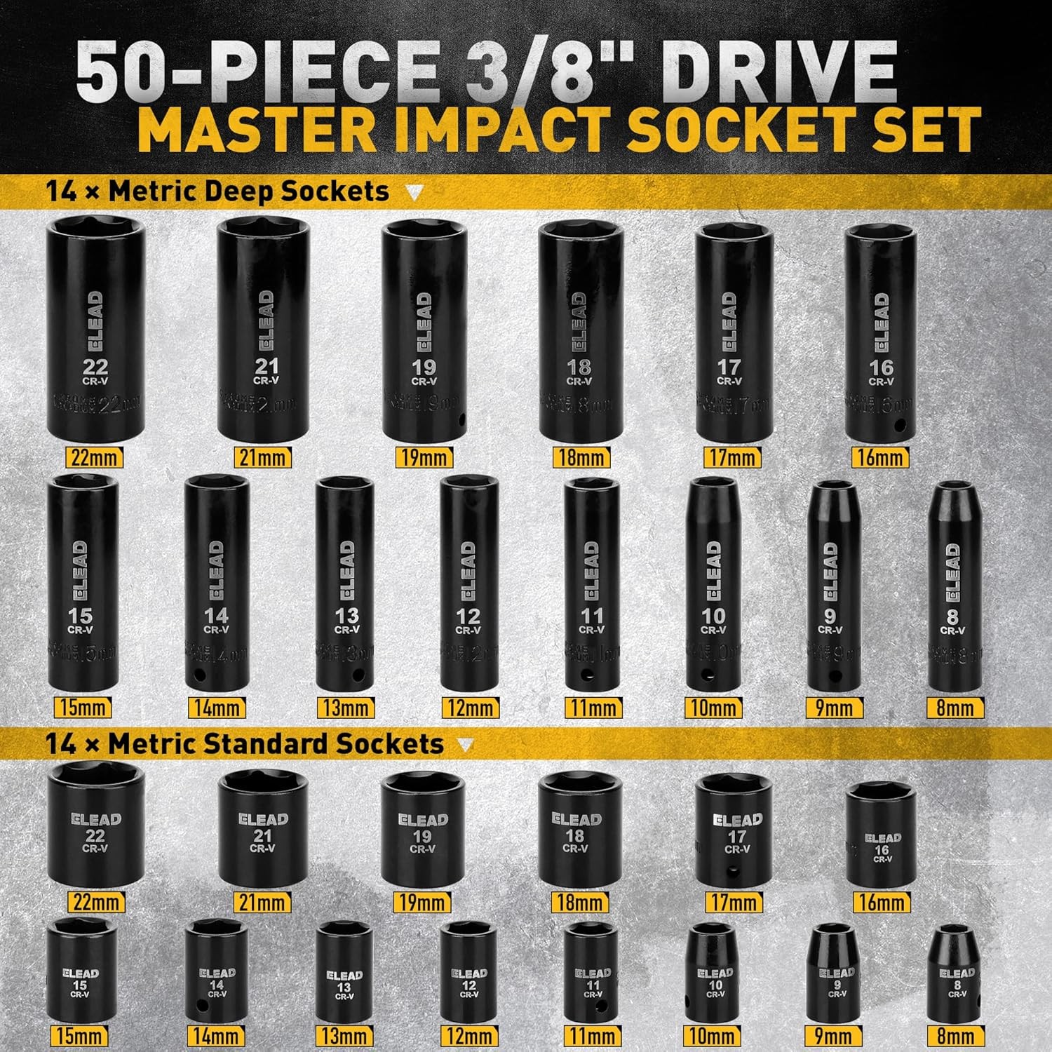 3/8″ Drive Impact Socket Set 50PCS Shallow & Deep Socket Set Metric and Standard
