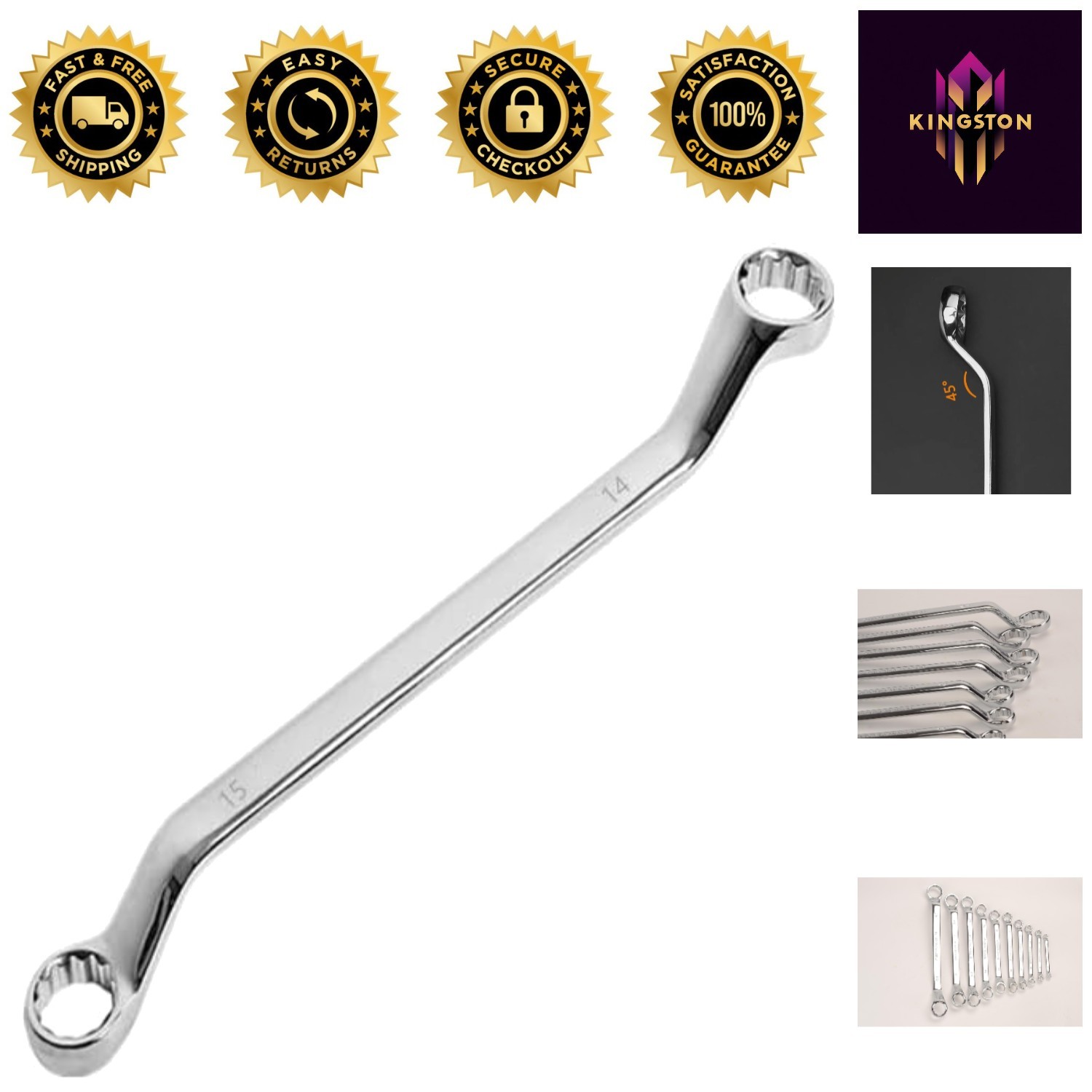 Polished 14mm x 15mm 12 Point Offset Wrench for Easy Access in Tight Spaces