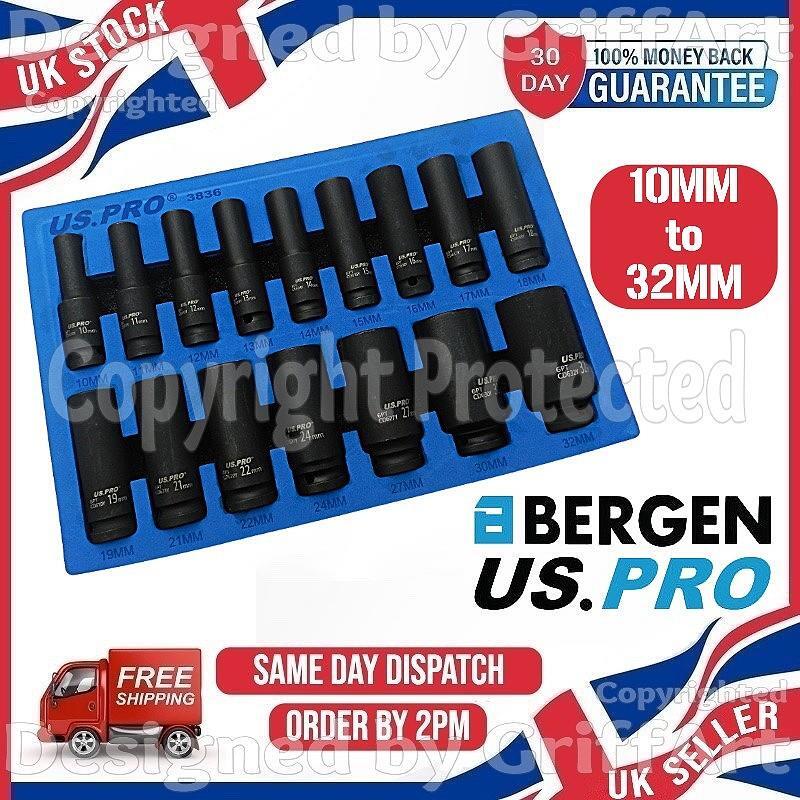 16PC 1/2″ DRIVE 6 POINT EUROPEAN METRIC DEEP IMPACT SOCKET SET LONG REACH HEX