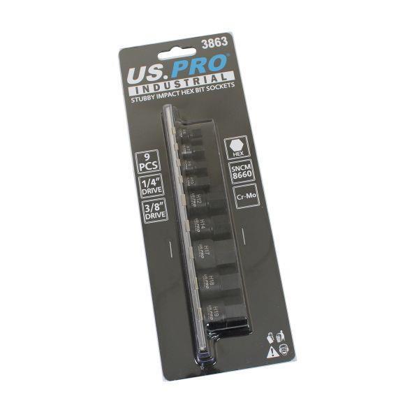 US PRO INDUSTRIAL 9pc 1/4″ 3/8″ DR Stubby Impact Hex Allen Key Bit Sockets Set