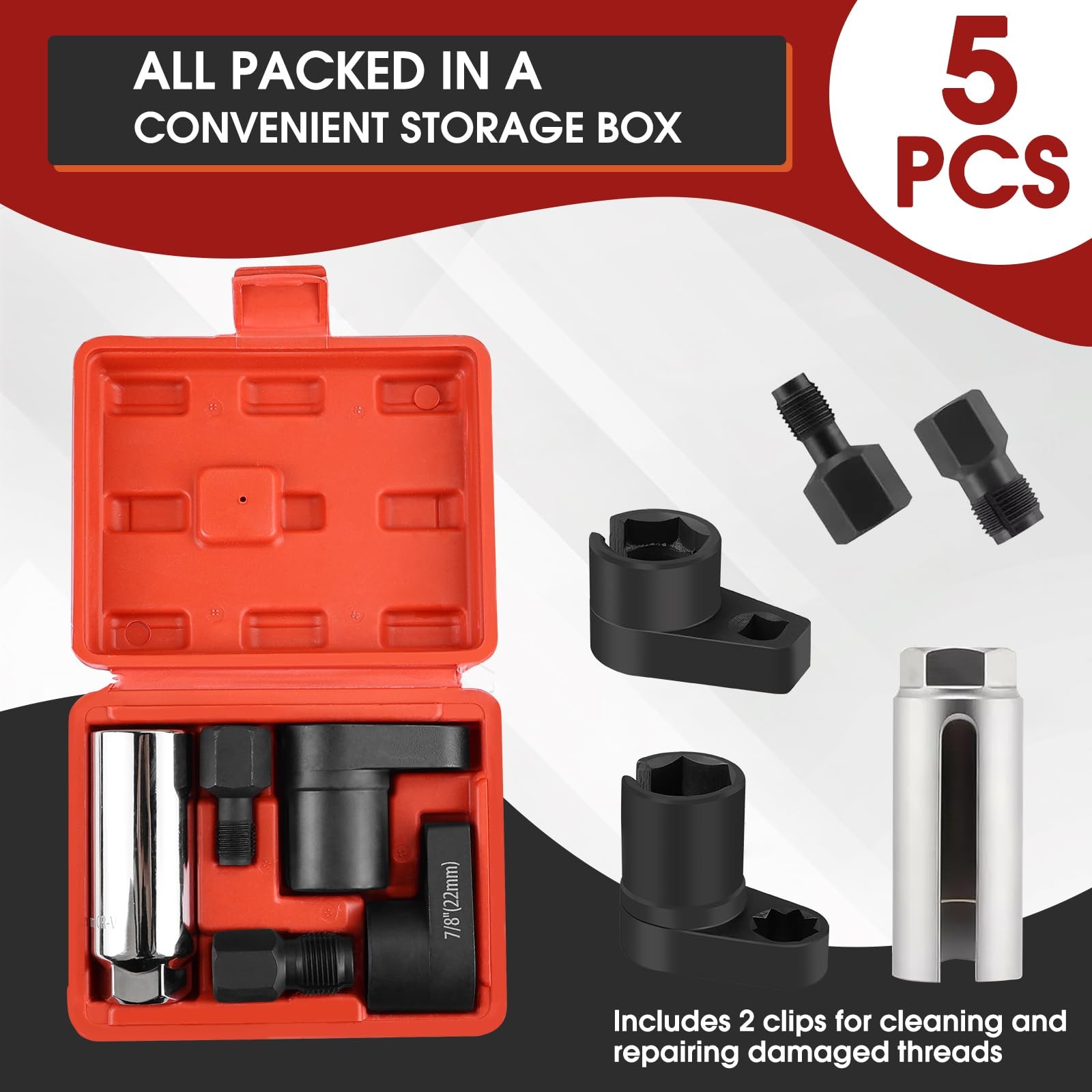 5PCS O2 Oxygen Sensor Socket Set, 1/2 & 3/8 in Drive, 7/8 in 22mm, Premium Re…