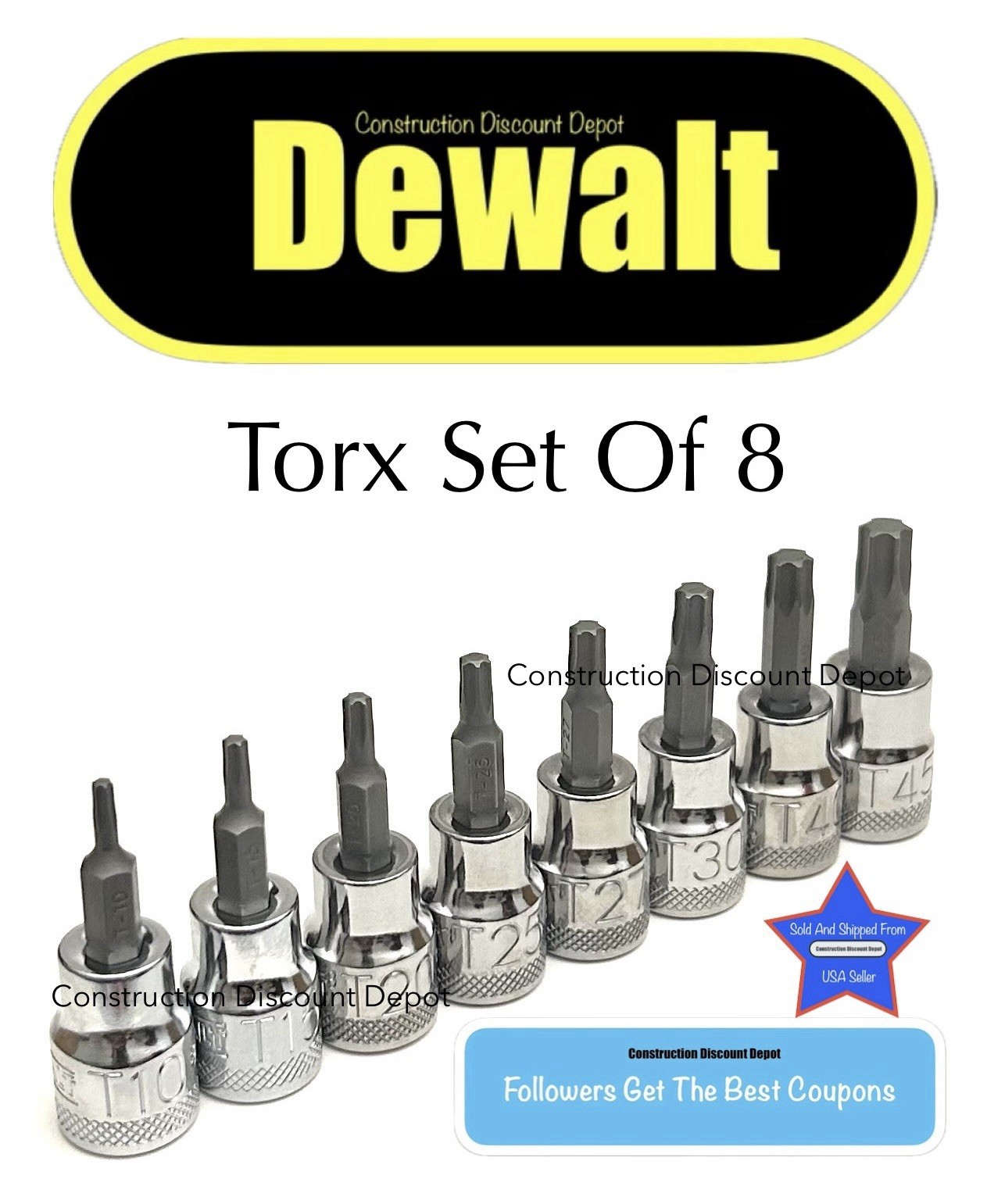DeWALT 3/8″ In. Drive Socket Torx Bit Set T10 T15 T20 T25 T27 T30 T40 T45