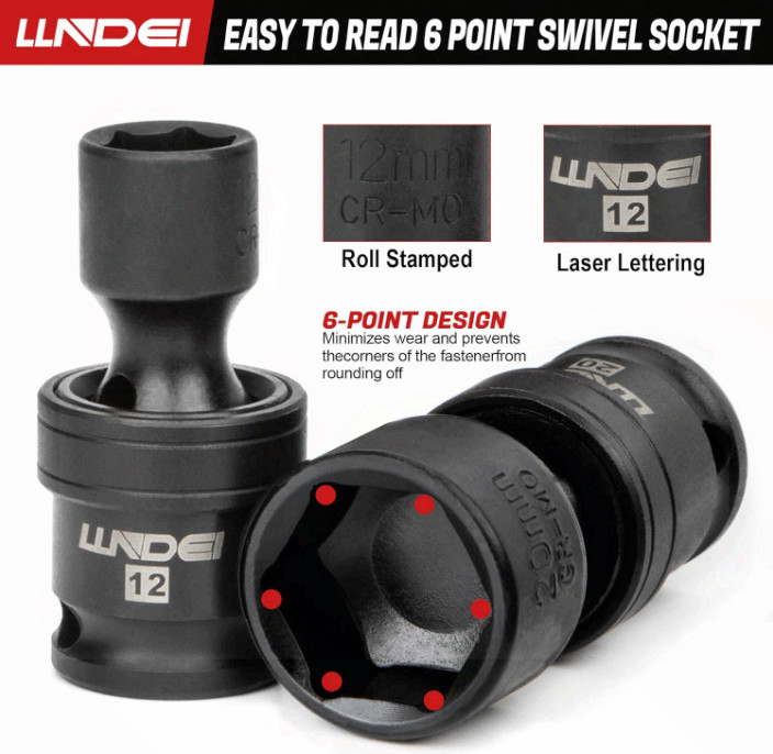 3/8″ Universal Impact Socket Set, 19PCS Metric Swivel Sockets CR-MO Kit