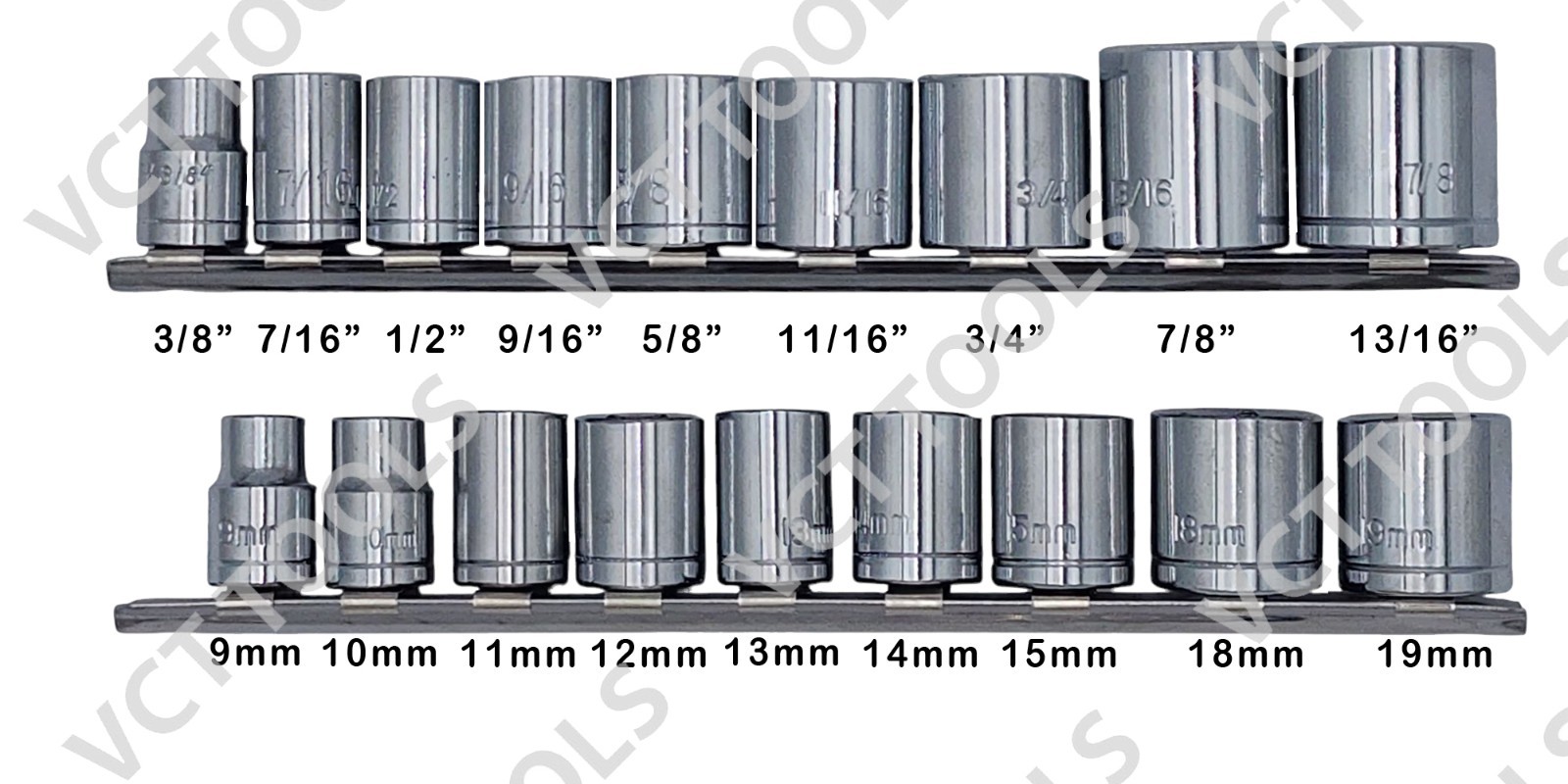 18pc 3/8″ Shallow Chrome Socket Set, SAE 3/8″ – 7/8″ & MM 9mm – 19mm