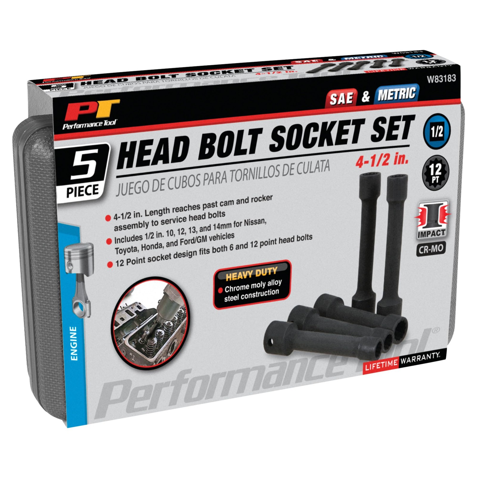 Performance Tool W83183 5pc Head Bolt Socket Set 5 Piece