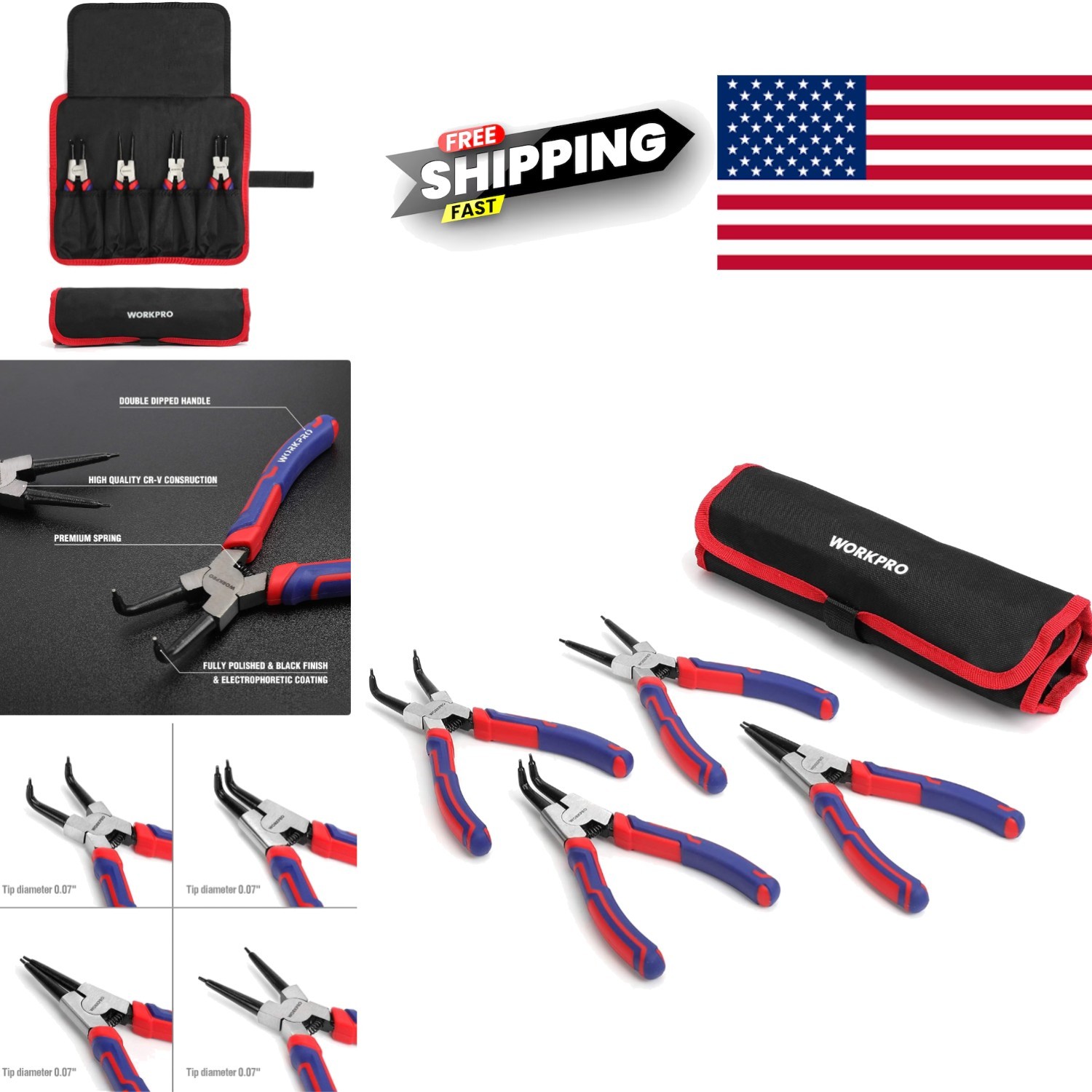 4 Piece Snap Ring Pliers Set 7 Inch Heavy Duty Internal External Circlip Tools