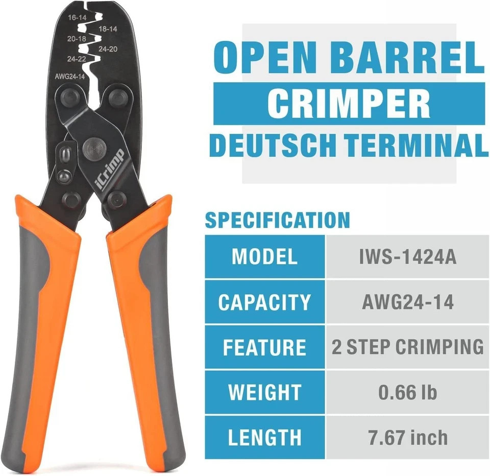 iCrimp Open Barrel Terminal Crimping Tool for AWG24-14 (0.2-2.0mm²), Orange