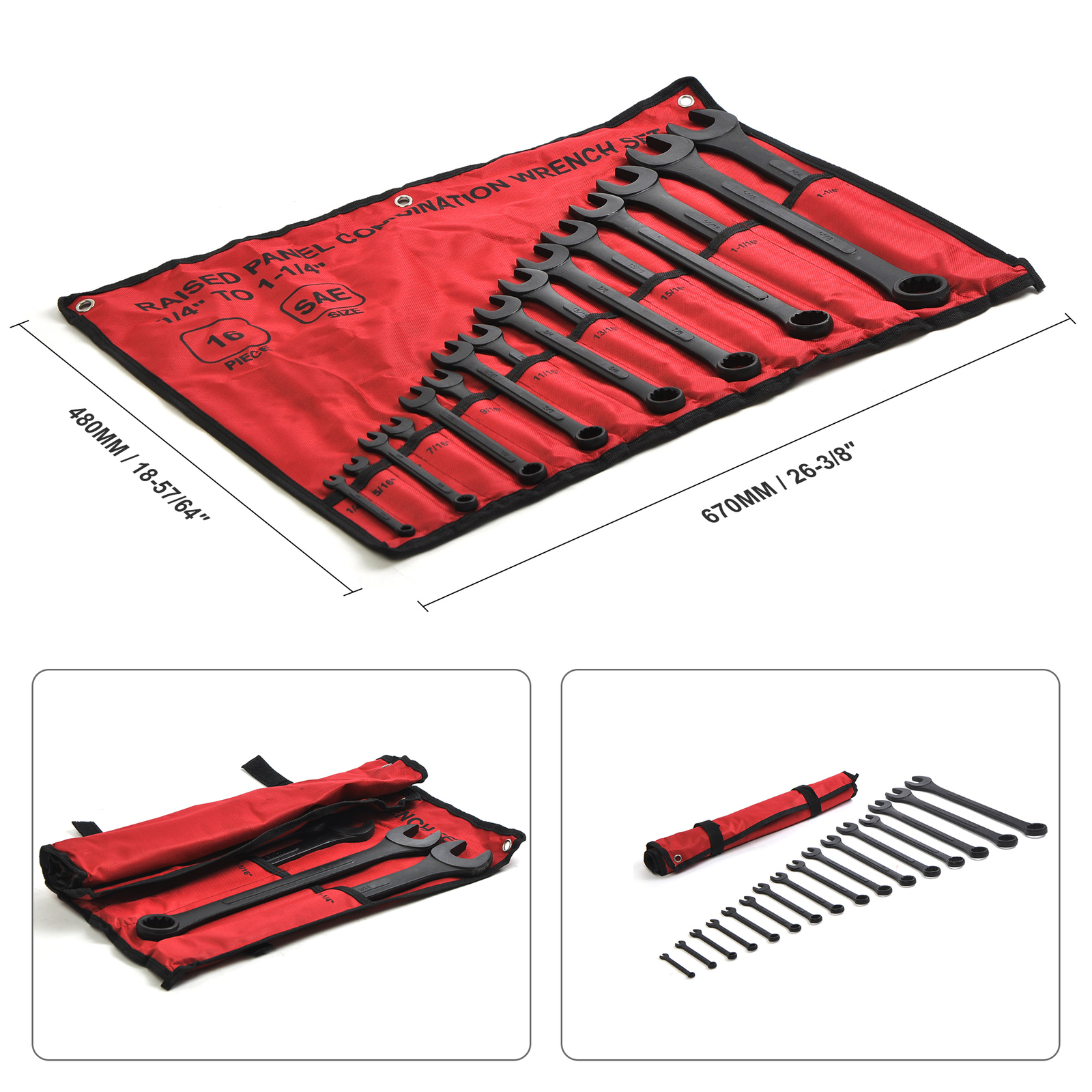 16pcs Combination Wrench Set SAE 1/4″ to 1-1/4″ with Roll Up Pouch Raised Panel