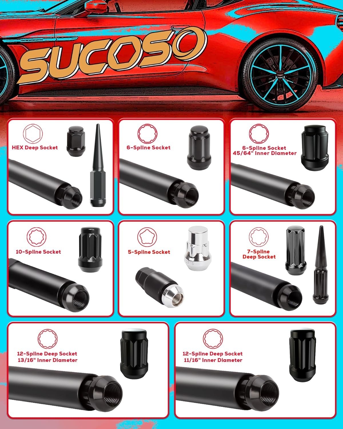 Heavy-Duty Spline Socket Set, 8PC Wheel Key Kit