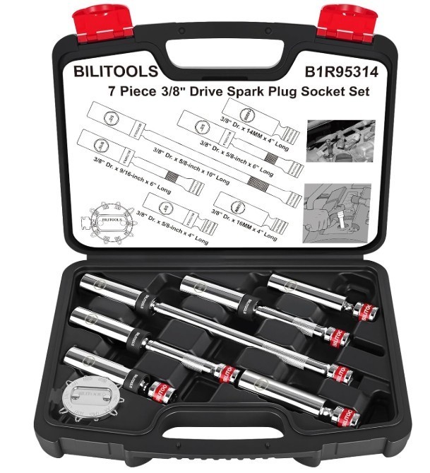 BILITOOLS 7-Piece Magnetic Swivel Spark Plug Socket Set Gap Tool 3/8-Inch Drive