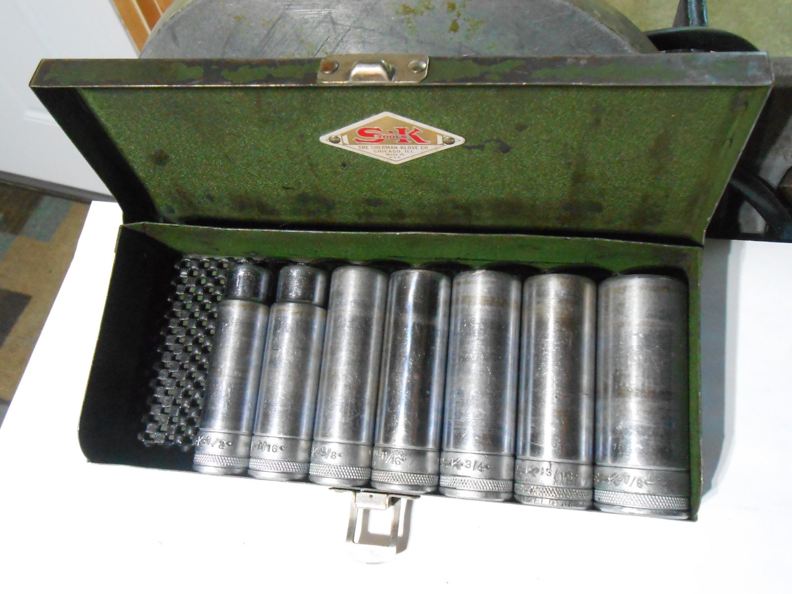 Vintage SK 1/2″ Drive Deep Knurled Socket Set 7pc + Box Sherman Klove S-K USA
