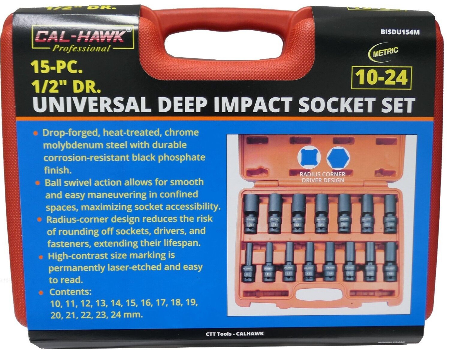 15 PC 1/2″ DR. Universal Swivel Deep Impact Socket METRIC PRO Radius 10-24mm Set