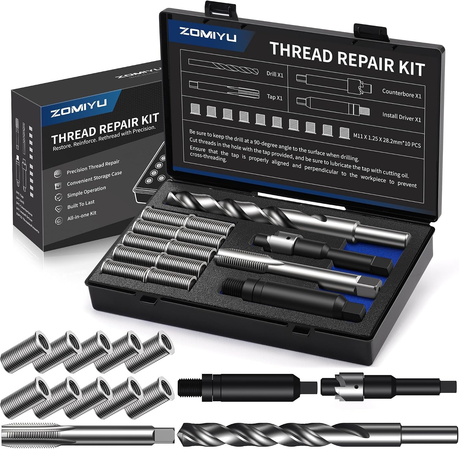 ZOMIYU M11x1.25 Metric Thread Repair Kit, with HSS Drill, M11 X 1.25, Black