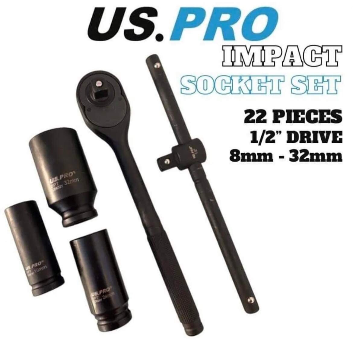 US PRO IMPACT 1/2″ Drive Socket Set 8mm – 32mm Ratchet Extension Bar U Joint Set