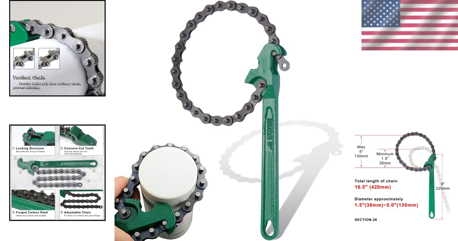 9in. Heavyduty Ratcheting Chain Wrench Reversible Oil Filter – Fit Max 5in D…
