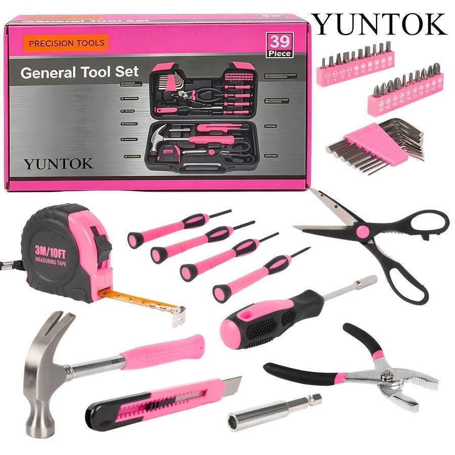 YUNTOK 39pcs Pink Tool Kit | Includes Screwdriver, Utility Knife, Scissors, Tape