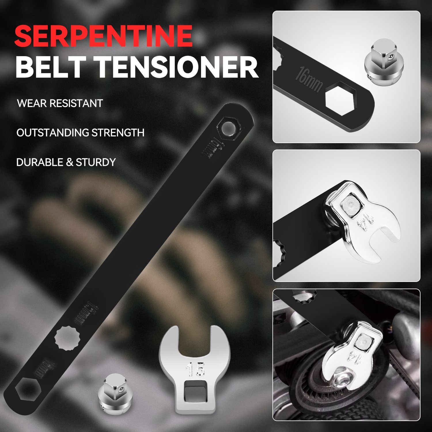 [16Pcs] 3/8″ Pulley Wrench Installation Removal Serpentine Belt Tool Set w/ Case