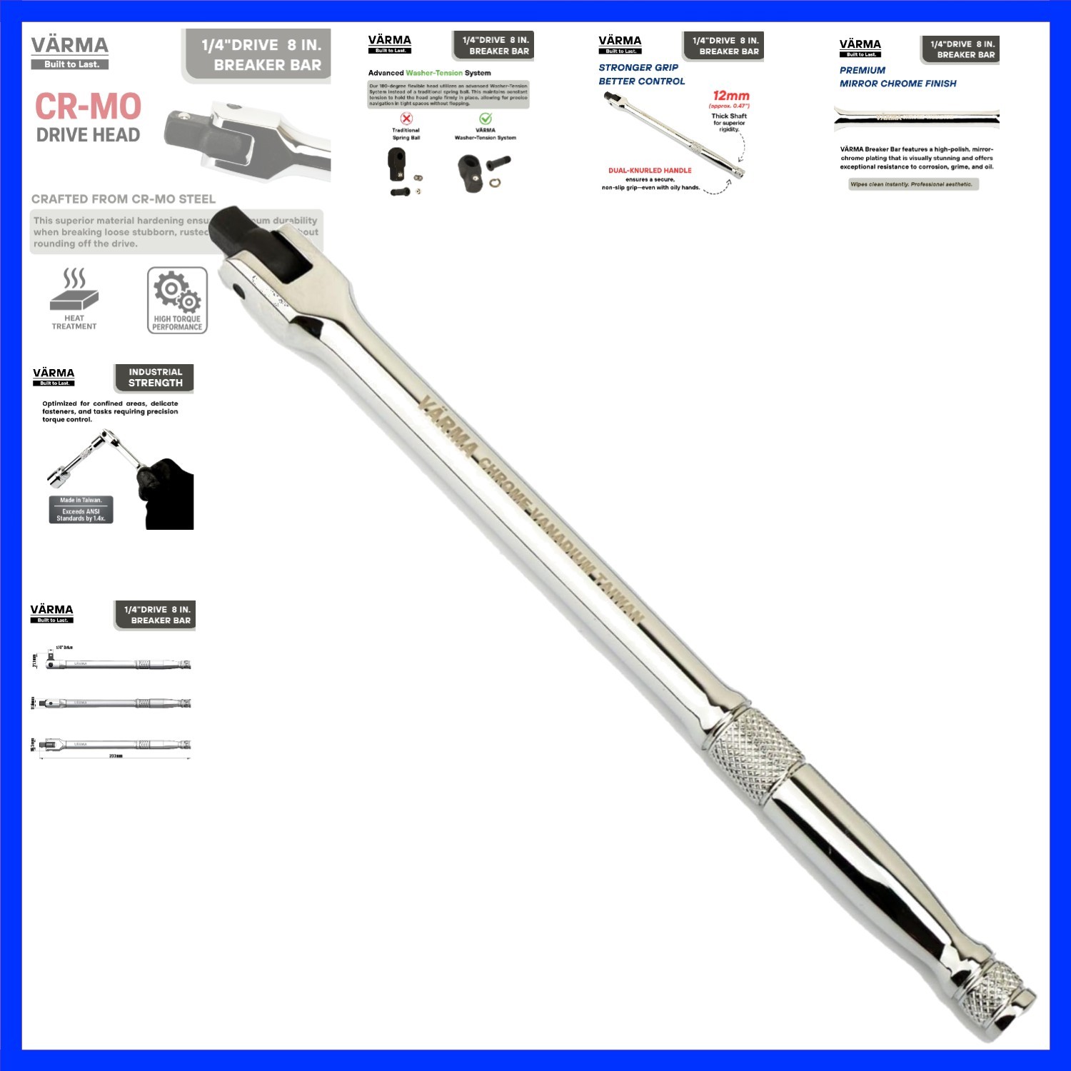 1/4-Inch Drive Breaker Bar, 8-Inch Length – Heavy Duty CR-MO Drive Head & 12m…