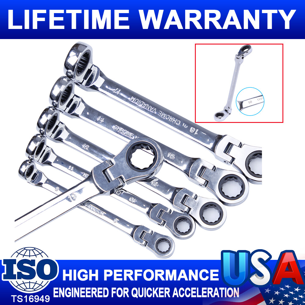 Double Box End Ratcheting Wrench Flex-Head Long 6PC Spanner Set Metric 8mm -19mm