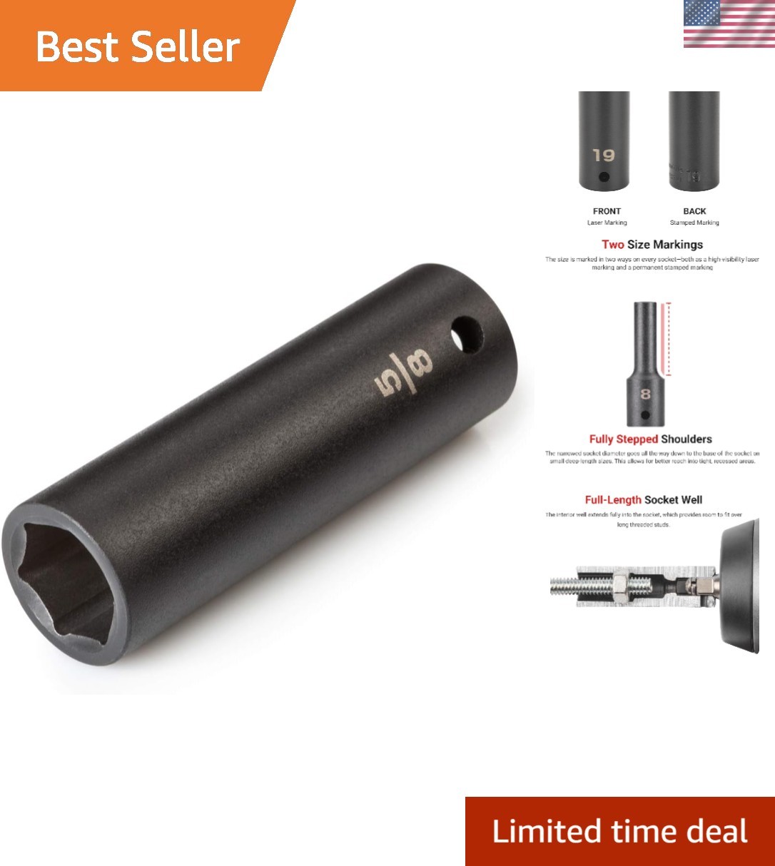 1/2 Inch Drive x 5/8 Inch Deep 6-Point Impact Socket for Ultimate Durability