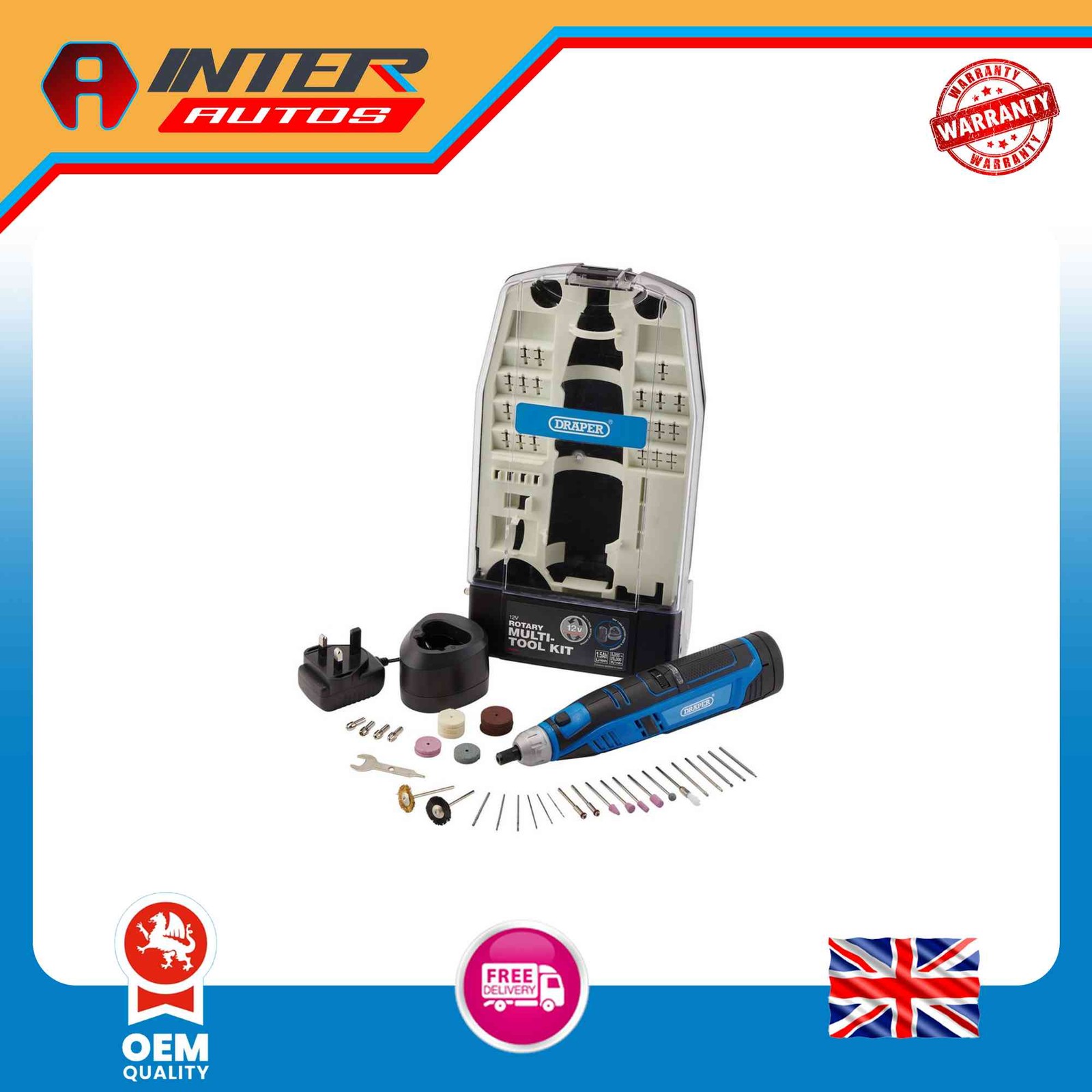 Draper 12V Rotary Multi-Tool Kit, 1 x 1.5Ah Battery, 1 x Fast Charger (50 Piece)