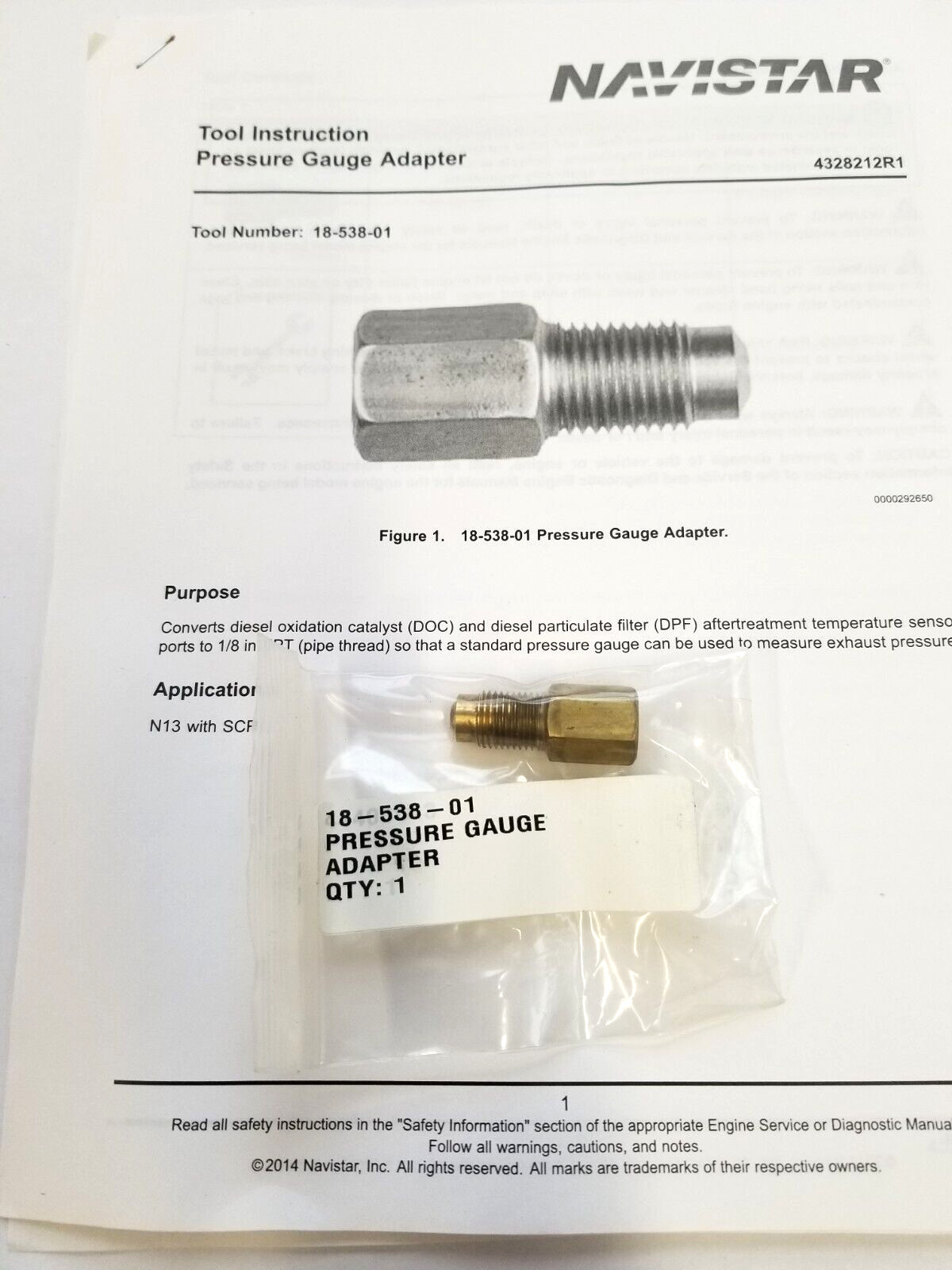International NAVISTAR 18-538-01 Pressure Gauge Adapter (NEVER USED)