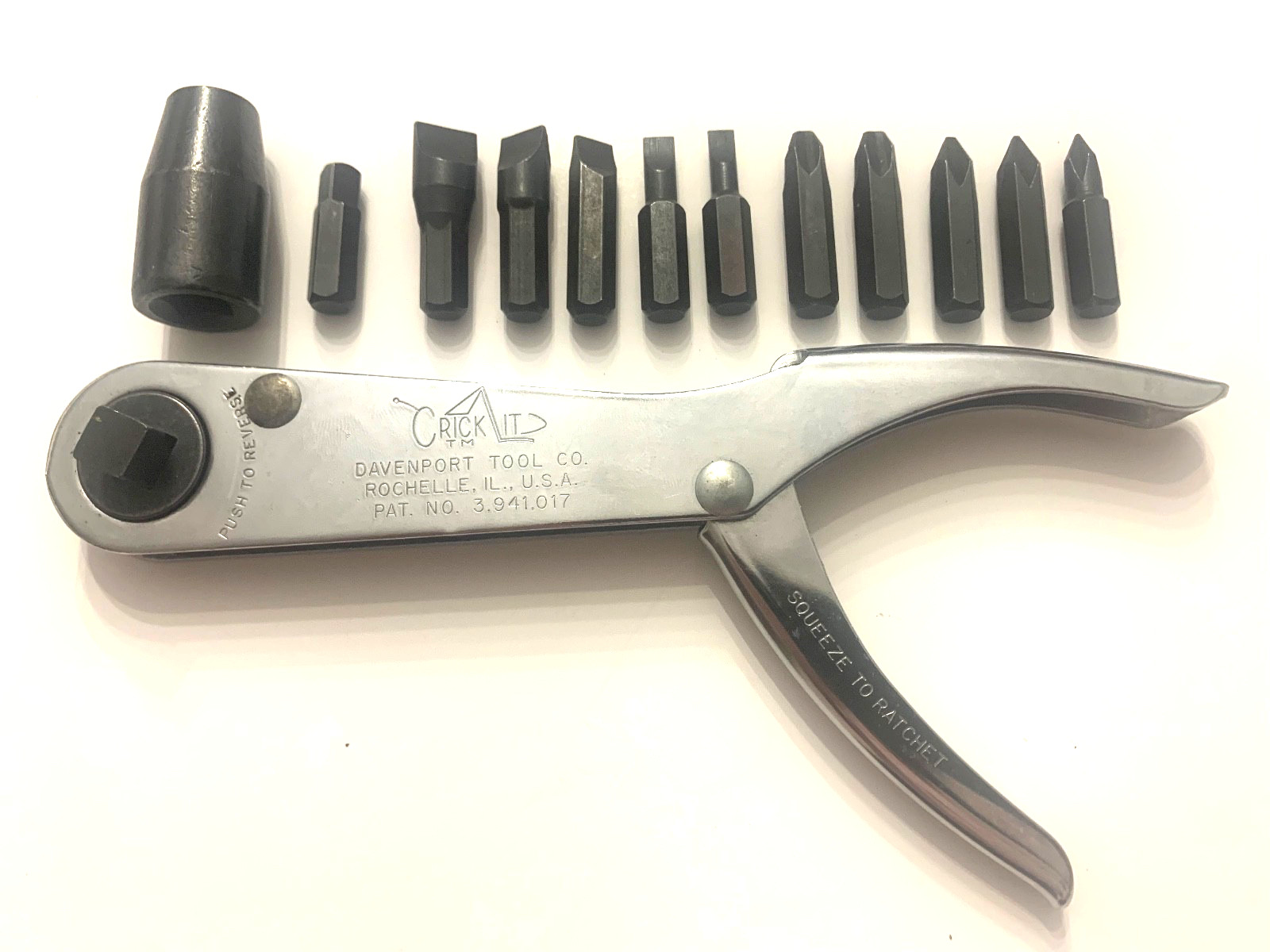 Crick It Squeeze Handle Ratchet with bits. Davenport Tool Co.