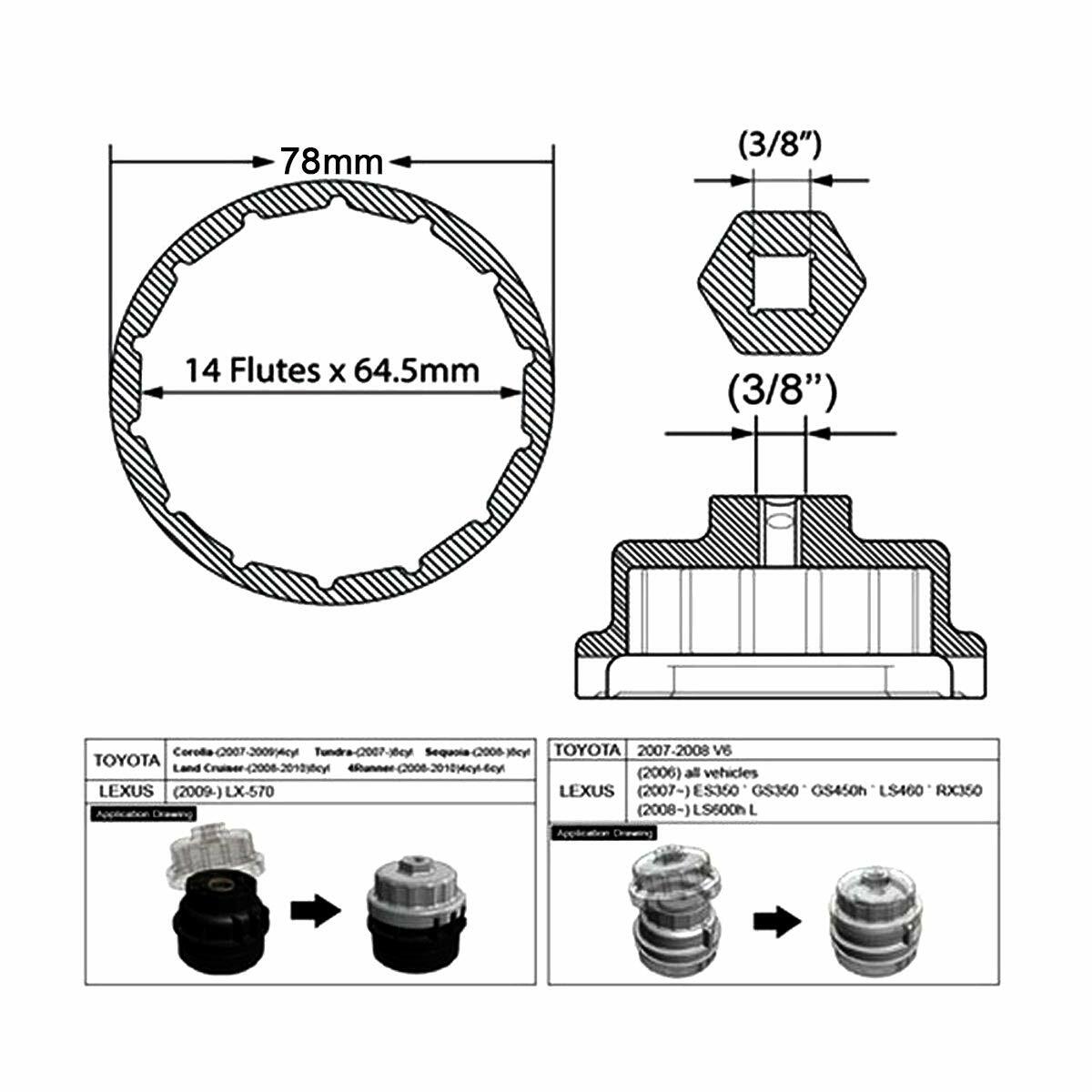 64MM 14 Flutes Oil Filter Cap Wrench Cup Socket Remover Tool Fits Toyota Lexus