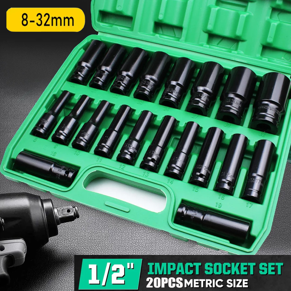 1/2Inch Impact Sockets Set 20PCS Drive Metric 8mm-32mm Deep 6-Point Set w/case