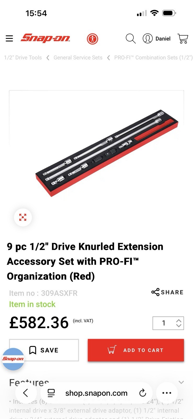 Snap On 9 pc 1/2 Drive Knurled Extension Accessory Set with PRO-FI Organization.