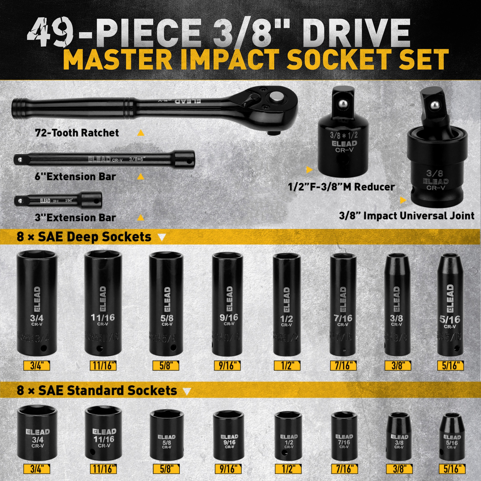 3/8» Drive Impact Socket Set 50Pcs Shallow & Deep Socket Set Metric & Standard