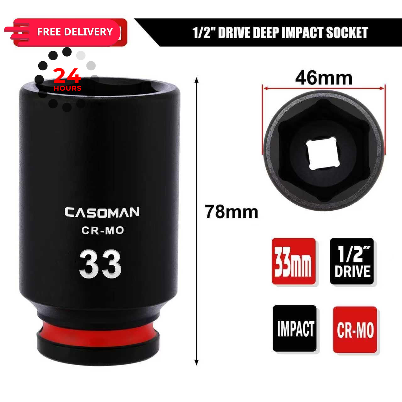 CASOMAN 1/2″ Drive x 33mm Deep Impact Socket, 6-Point, Metric, CR-MO