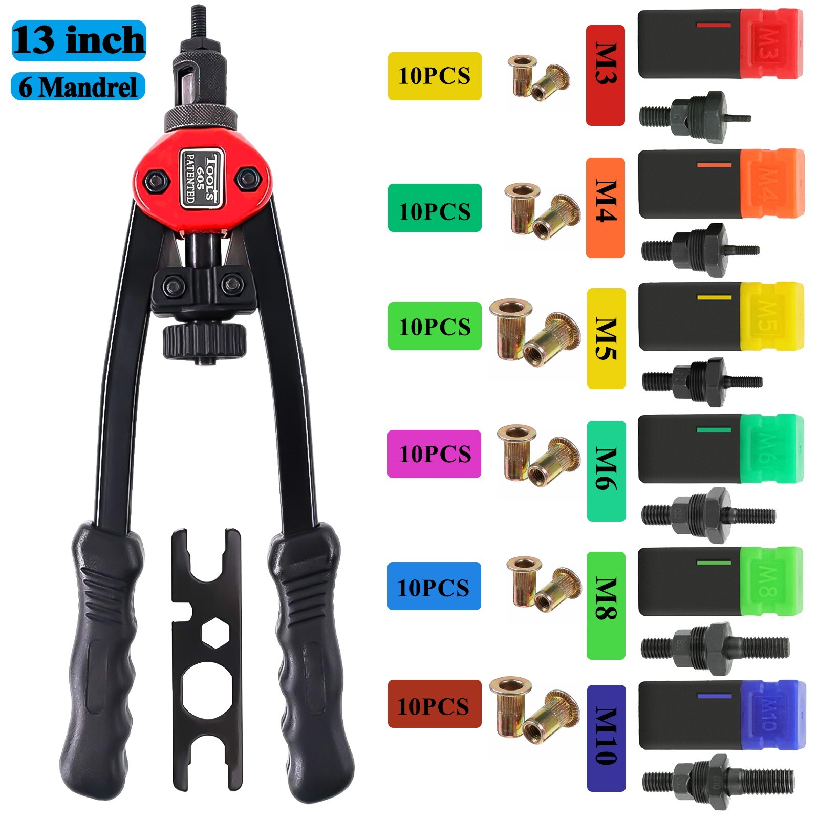13» Rivet Gun Kit Rivnut Thread Setting Tool Nut Setter NutSert Metric 60PC Nut