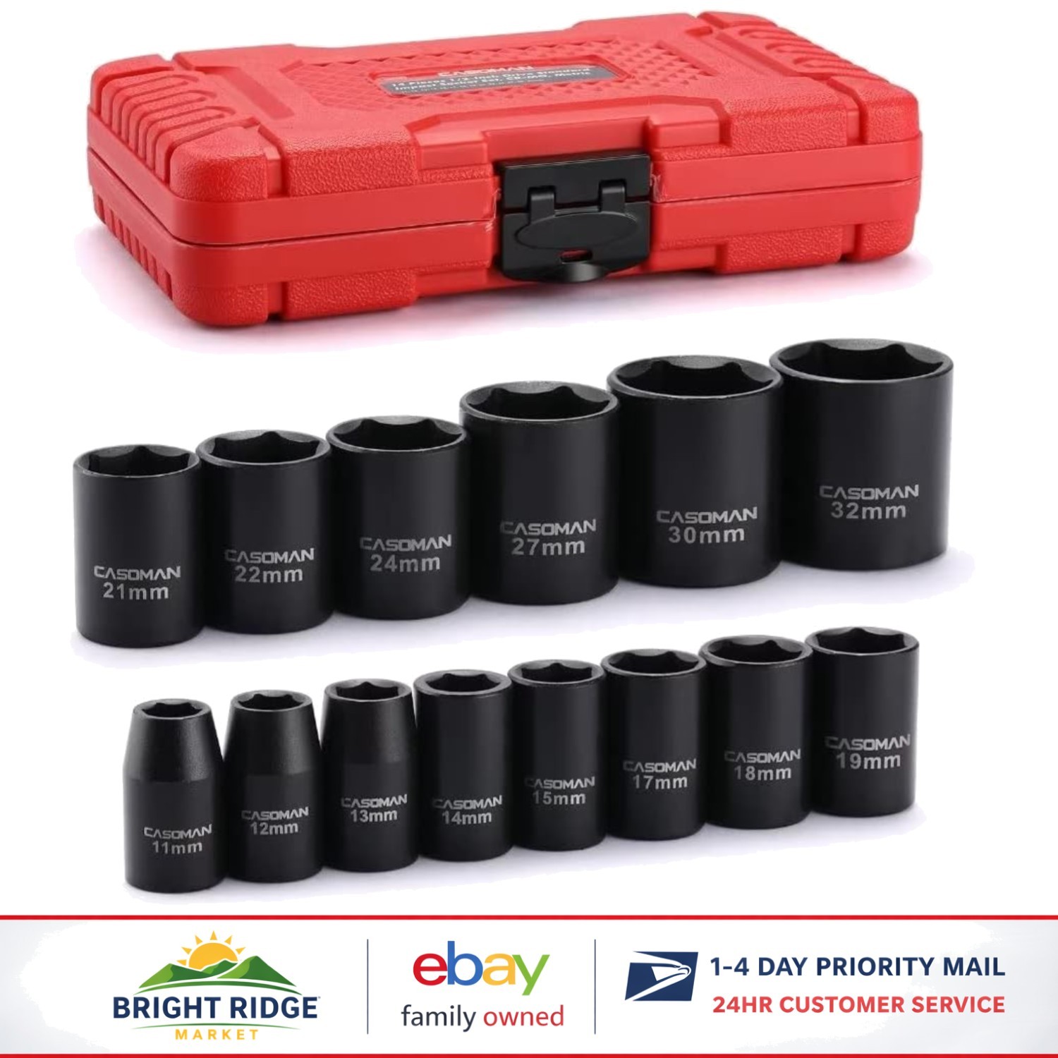 Shallow Impact Socket Set, 14 Pieces, Black Phosphate Finish, 1/2-Inch Drive