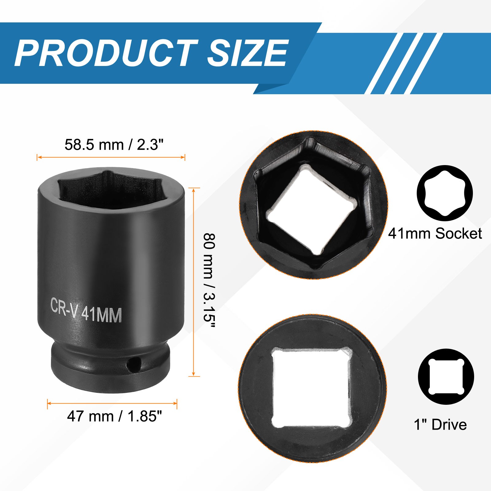 1 Inch Drive 41mm 6 Point Impact Socket Chromium Vanadium Steel