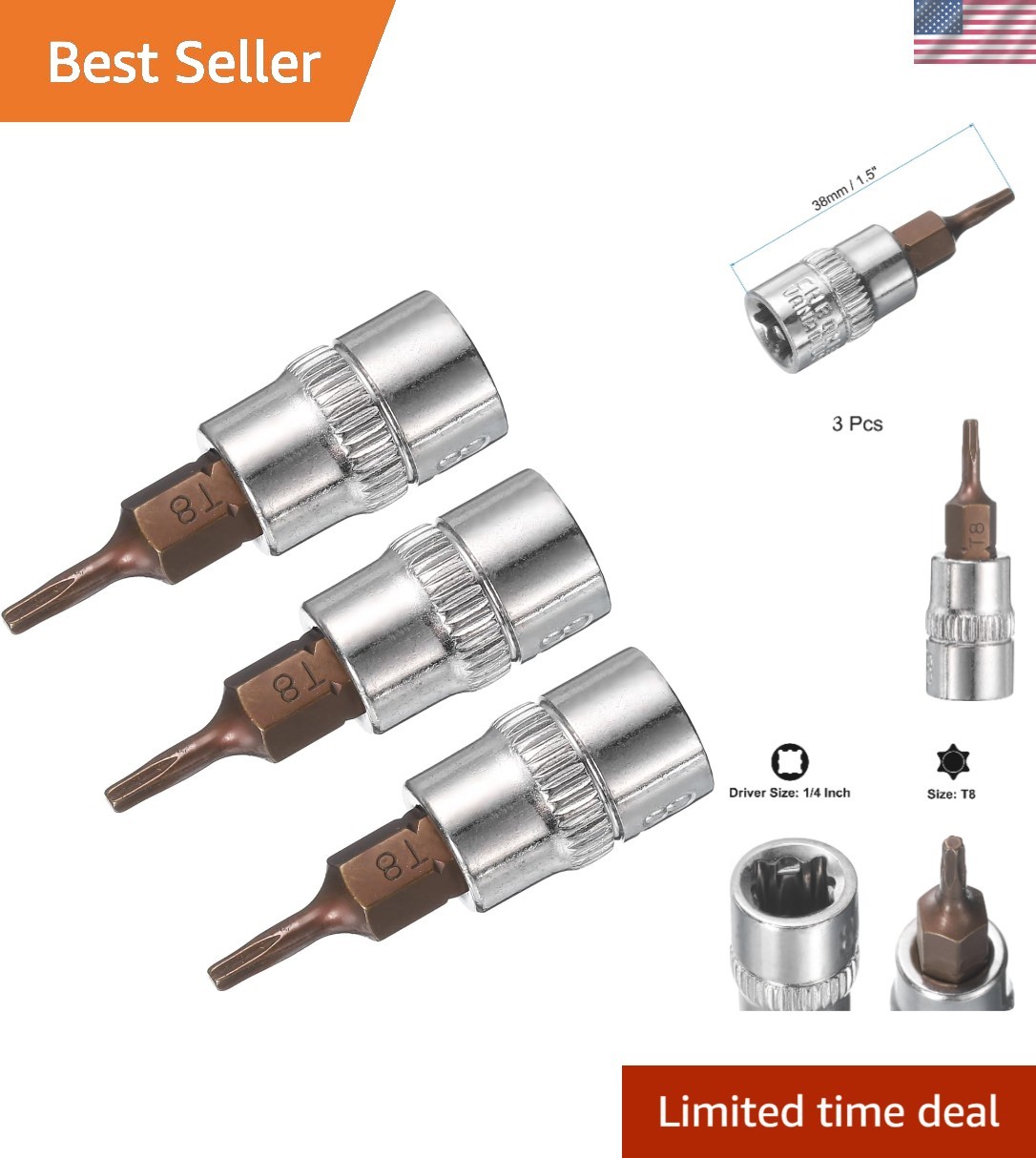 Durable 3pcs T8 Torx Bit Socket Set – 1/4