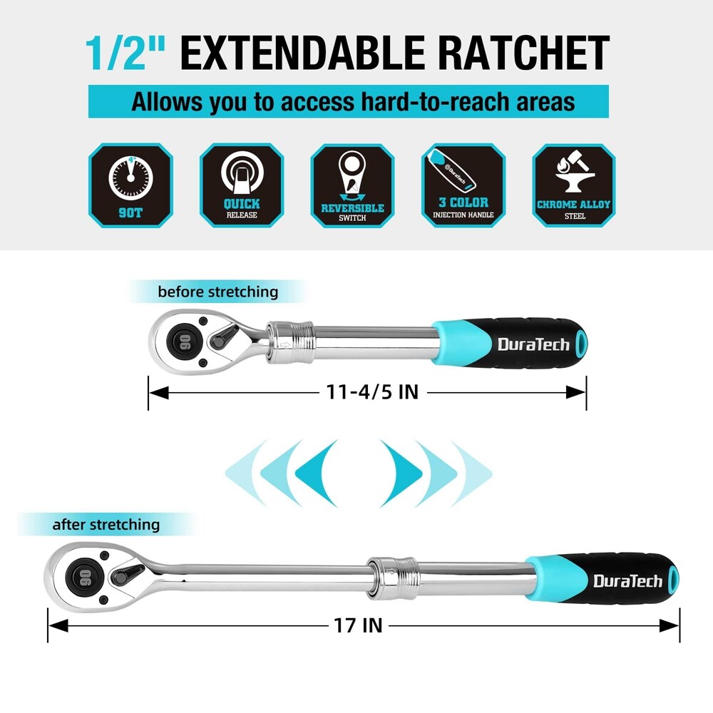 DURATECH 1/2″ Drive Extendable Ratchet 90-Tooth Quick-release Ratchet 5 Sections