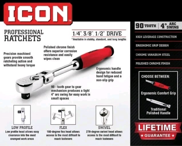 ICON R2SW 3/8″ Drive Professional Swivel-Head Ratchet w/ Comfort Grip 64698 NEW