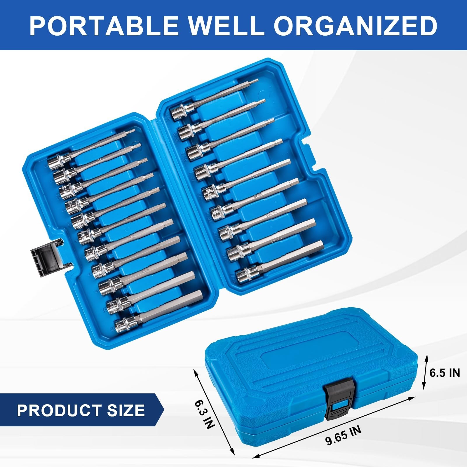 20PCS Extra-Long Allen Hex Bit Socket Set, 3/8″ Drive, SAE & Metric Sizes, CR-V/