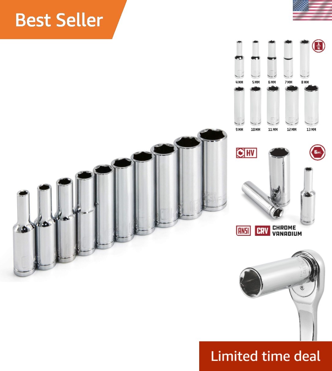 Quality Metric 6 Point Deep Socket Set, 10 Chrome Vanadium Tools – ANSI Approved