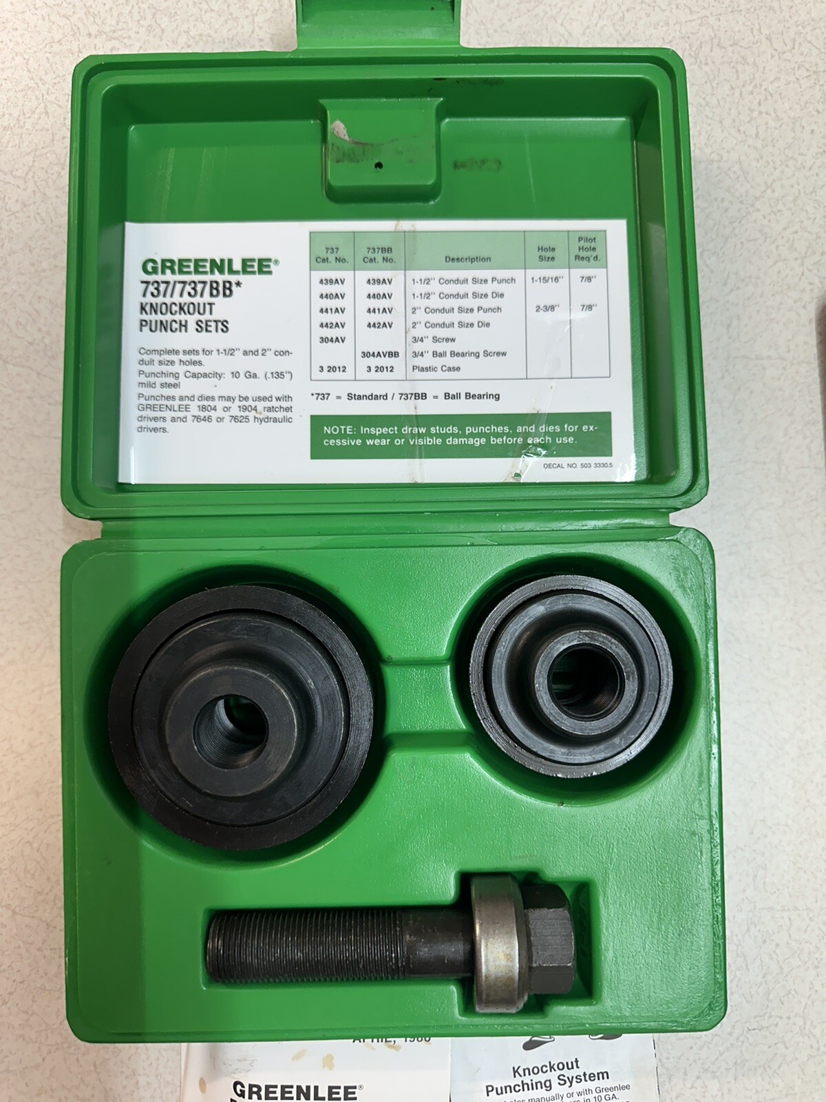 Greenlee Ball Bearing Knockout Punch Set – no. 737/737BB – EUC w/ orignal papers