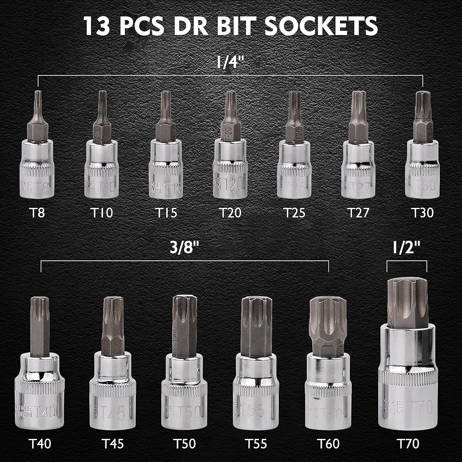 13PCS Drive Torx Bit Socket Set 1/4″ 3/8″ 1/2″ T8-T70 Star Bit Socket Set Tool