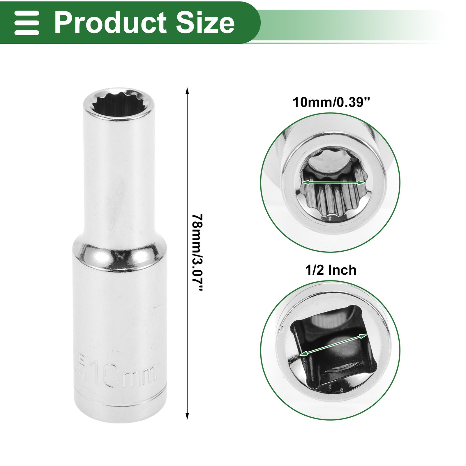 Universal 1/2 Inch Drive Impact Socket 10mm 12 Point Chrome Vanadium Steel 1 Pcs