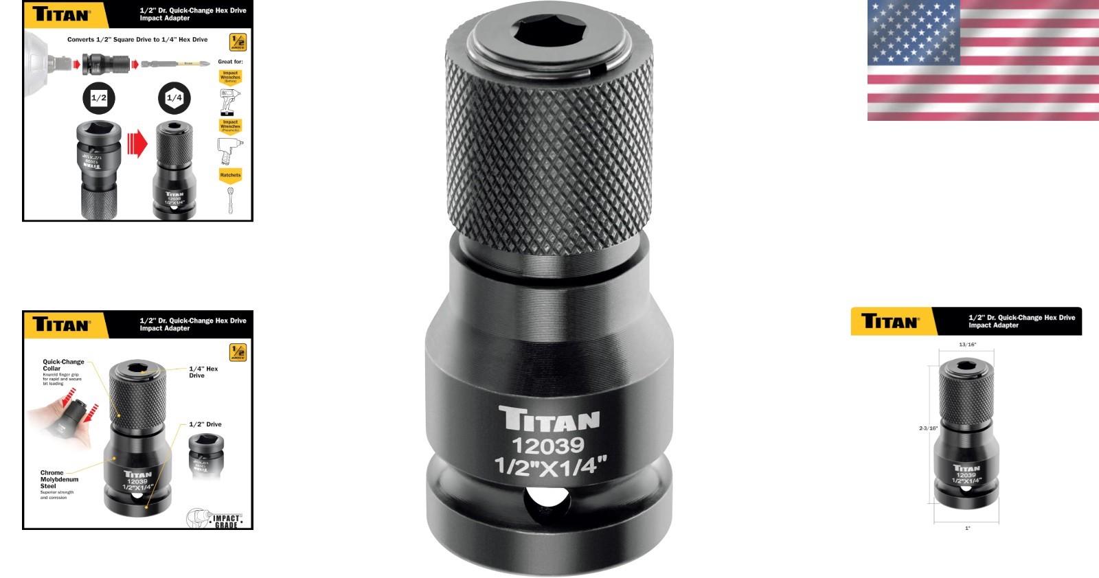 Quick Change 1/2″ Drive to 1/4″ Hex Impact Adapter – Chrome Molybdenum Steel