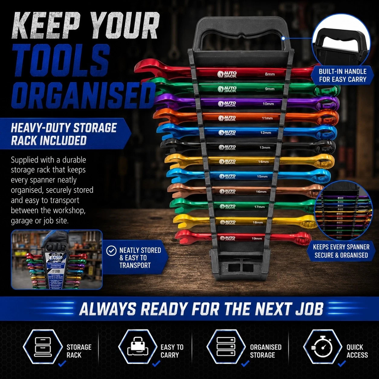 Multi Coloured Combination Spanner Set Metric 12 Pc with Storage Rack Autojack