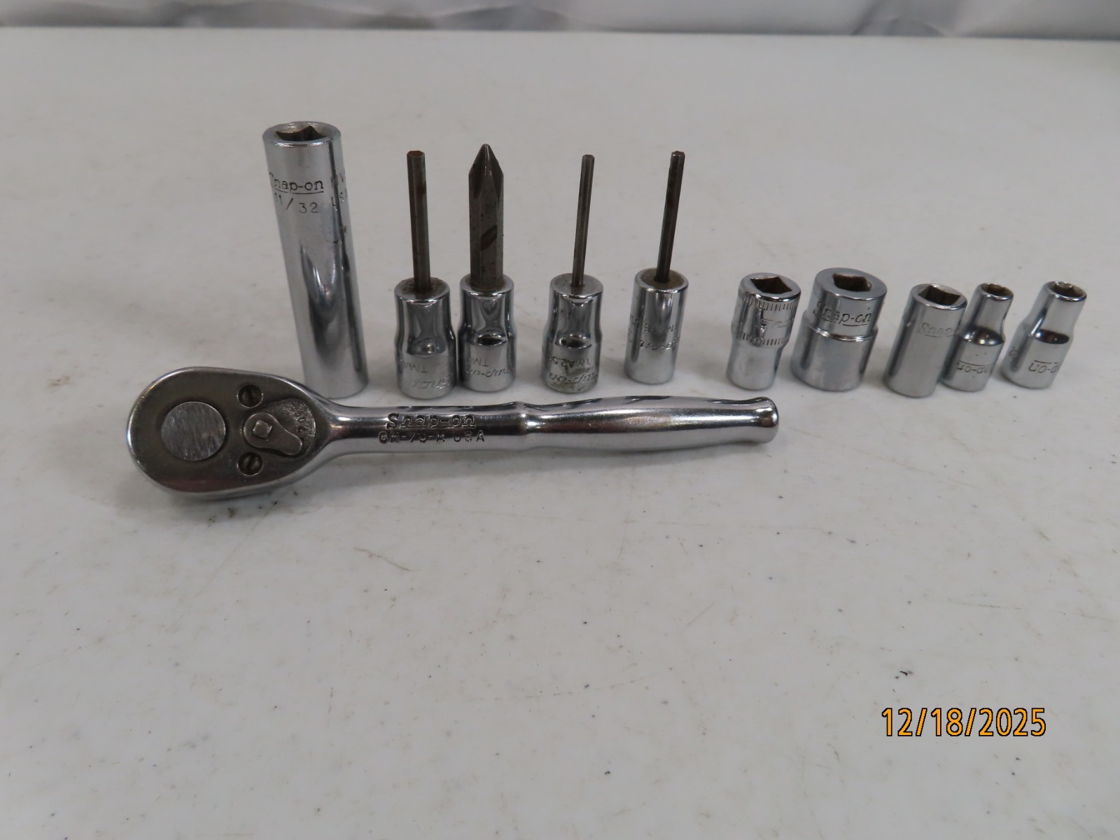 Estate Lot (11) SNAP ON TOOLS 1/4″drive Ratchet GM70M + asst Sockets CLEAN *133*