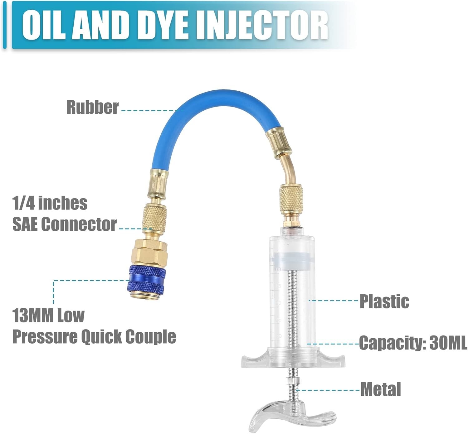 AC Oil & Dye Injector Tool 30ml with 1/4 SAE Connector for Fast Leak Detection
