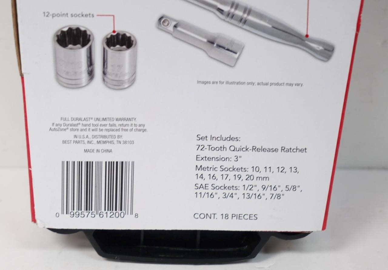 NEW – Duralast 61-200 1/2″ Drive 18-Piece SAE/Metric Socket Wrench Set